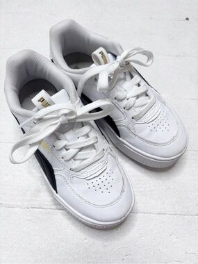 Puma Karen Rebelle Platform Sneakers White Black Gold Girls Size 13 EUC